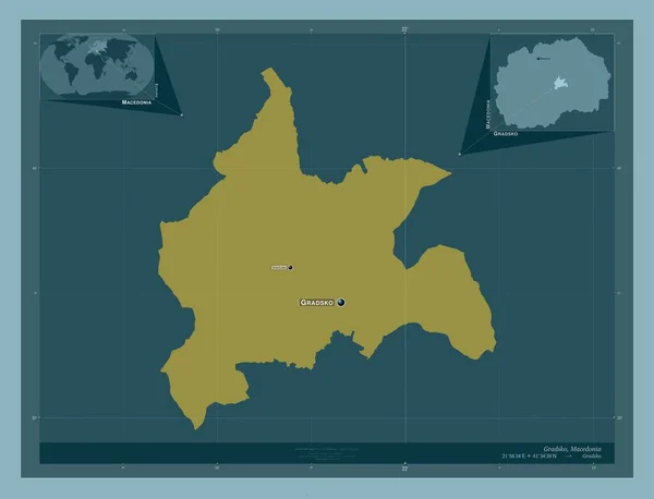 マケドニアの自治体 グラドスコ しっかりした色の形 地域の主要都市の位置と名前 コーナー補助位置図 — ストック写真