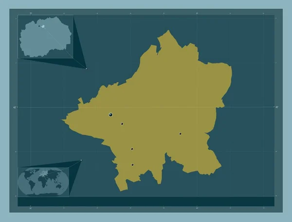 イリンデン マケドニアの自治体 しっかりした色の形 地域の主要都市の場所 コーナー補助位置図 — ストック写真