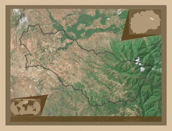 カルビニ マケドニアの自治体 低解像度衛星地図 地域の主要都市の場所 コーナー補助位置図 — ストック写真