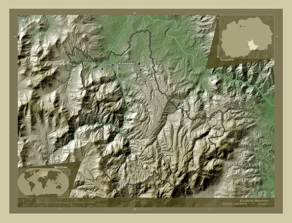 Kavadartsi 马其顿市 用Wiki风格绘制的带有湖泊和河流的高程地图 该区域主要城市的地点和名称 角辅助位置图 — 图库照片