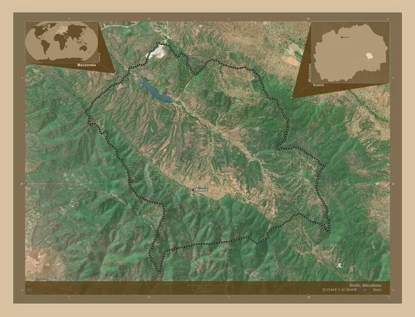 Konce Municipality Macedonia 低分辨率卫星地图 该区域主要城市的地点和名称 角辅助位置图 — 图库照片