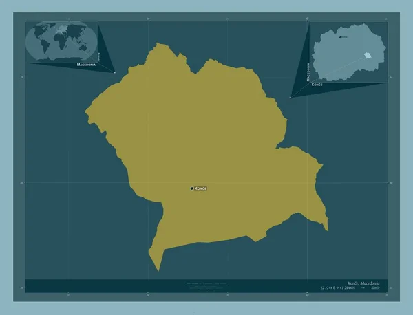 マケドニア共和国の自治体 しっかりした色の形 地域の主要都市の位置と名前 コーナー補助位置図 — ストック写真