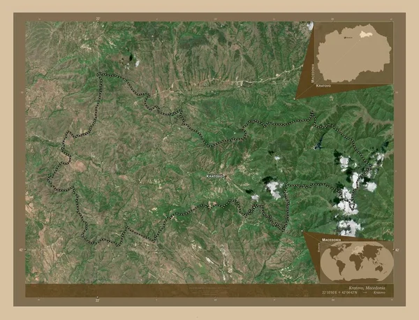 マケドニアの自治体クラトヴォ 低解像度衛星地図 地域の主要都市の位置と名前 コーナー補助位置図 — ストック写真