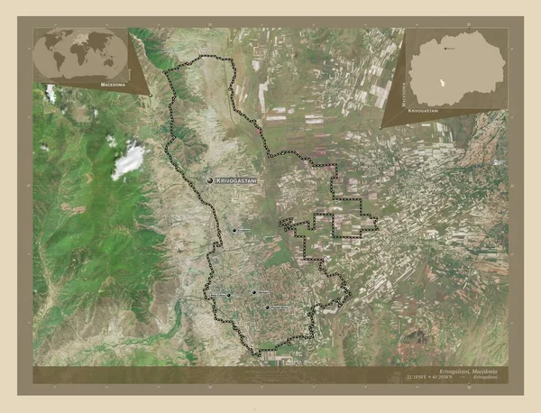 Krivogastani 马其顿市 高分辨率卫星地图 该区域主要城市的地点和名称 角辅助位置图 — 图库照片