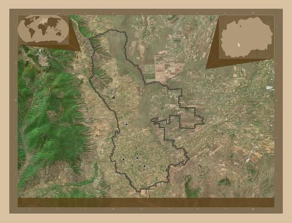 Krivogastani 马其顿市 低分辨率卫星地图 该区域主要城市的所在地点 角辅助位置图 — 图库照片