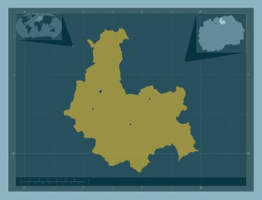 Kumanovo, Makedonya belediyesi. Katı renk şekli. Bölgenin büyük şehirlerinin yerleri. Köşedeki yedek konum haritaları