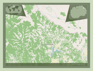 Makedonska Kamenica, Makedonya belediyesi. Açık Sokak Haritası. Bölgenin büyük şehirlerinin yerleri ve isimleri. Köşedeki yedek konum haritaları