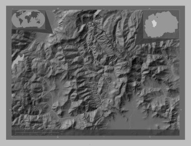 Makedonski Brod, Makedonya belediyesi. Gölleri ve nehirleri olan gri tonlama yükseklik haritası. Bölgenin büyük şehirlerinin yerleri. Köşedeki yedek konum haritaları