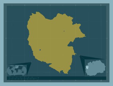 Makedonya Belediyesi 'nden Mavrovo ve Rostusa. Katı renk şekli. Bölgenin büyük şehirlerinin yerleri. Köşedeki yedek konum haritaları