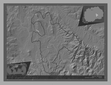 Negotino, Makedonya belediyesi. Göllü ve nehirli çift katlı yükseklik haritası. Bölgenin büyük şehirlerinin yerleri ve isimleri. Köşedeki yedek konum haritaları