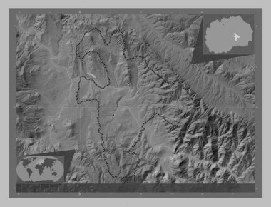 Negotino, Makedonya belediyesi. Gölleri ve nehirleri olan gri tonlama yükseklik haritası. Köşedeki yedek konum haritaları