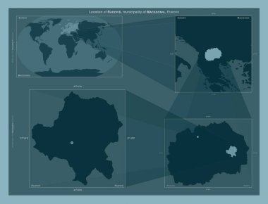 Radovis, Makedonya belediyesi. Büyük ölçekli haritalarda bölgenin yerini gösteren diyagram. Katı bir arkaplan üzerinde vektör çerçevelerinin ve PNG şekillerinin bileşimi