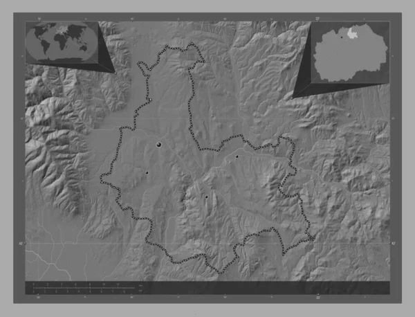Kumanovo Municipio Macedonia Mapa Elevación Bilevel Con Lagos Ríos Ubicaciones —  Fotos de Stock