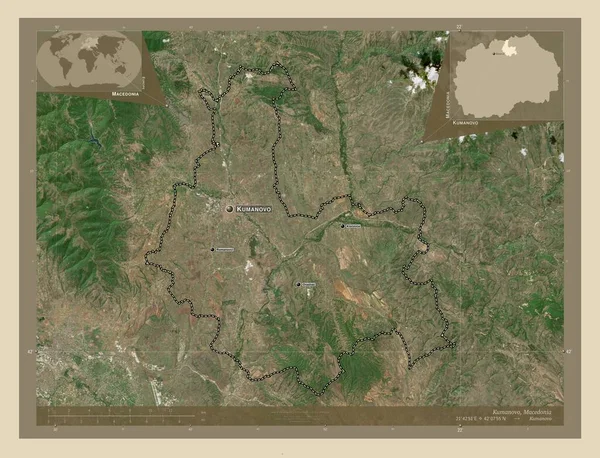 Kumanovo Municipality Macedonia 高分辨率卫星地图 该区域主要城市的地点和名称 角辅助位置图 — 图库照片