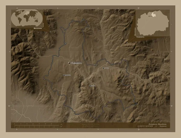 Kumanovo Obec Makedonie Zdvihová Mapa Zbarvená Sépiovými Tóny Jezery Řekami — Stock fotografie
