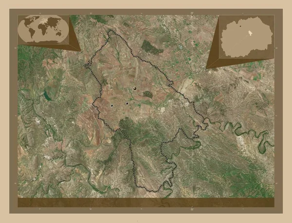 Lozovo Municipality Macedonia 低分辨率卫星地图 该区域主要城市的所在地点 角辅助位置图 — 图库照片