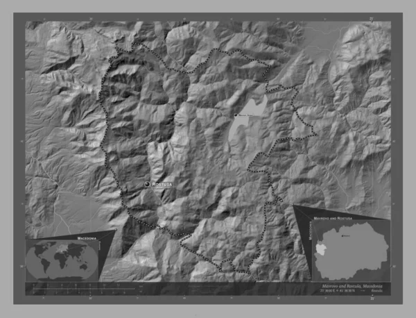 マヴロヴォとロストゥサ マケドニアの自治体 湖や川と二階の標高マップ 地域の主要都市の位置と名前 コーナー補助位置図 — ストック写真
