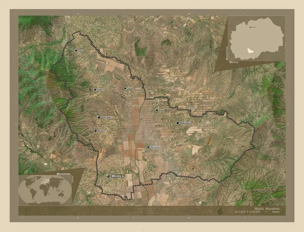 モヒラ マケドニアの自治体 高解像度衛星地図 地域の主要都市の位置と名前 コーナー補助位置図 — ストック写真