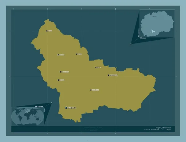 モヒラ マケドニアの自治体 しっかりした色の形 地域の主要都市の位置と名前 コーナー補助位置図 — ストック写真