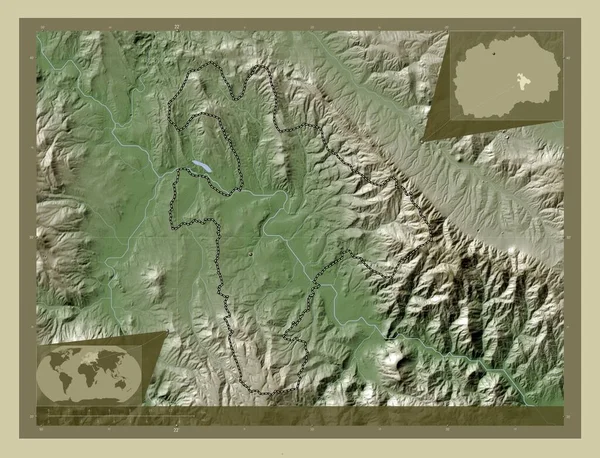 Negotino Municipality Macedonia 用Wiki风格绘制的带有湖泊和河流的高程地图 该区域主要城市的所在地点 角辅助位置图 — 图库照片