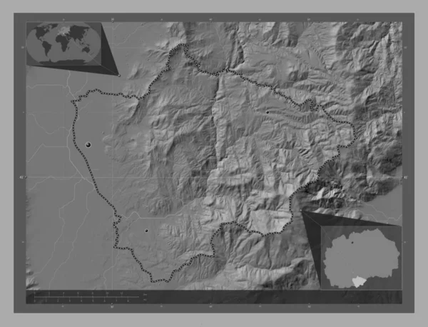 ノヴァトシ マケドニアの自治体 湖や川と二階の標高マップ 地域の主要都市の場所 コーナー補助位置図 — ストック写真