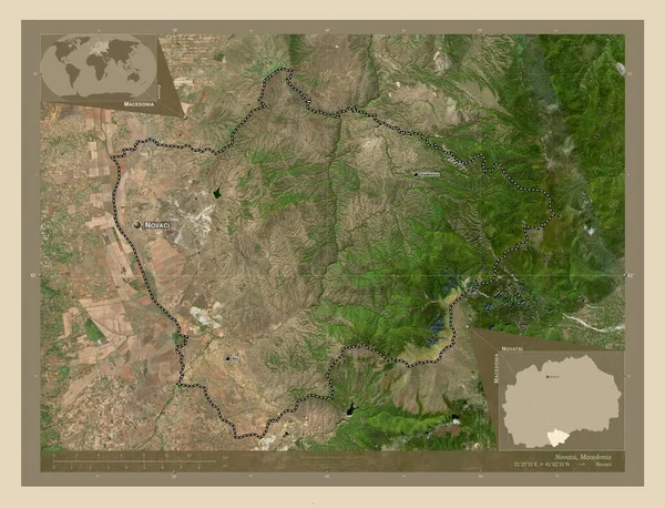 Novatsi Municipality Macedonia 高分辨率卫星地图 该区域主要城市的地点和名称 角辅助位置图 — 图库照片