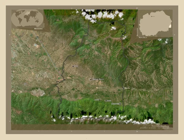 Novo Selo Municipality Macedonia 高分辨率卫星地图 该区域主要城市的地点和名称 角辅助位置图 — 图库照片