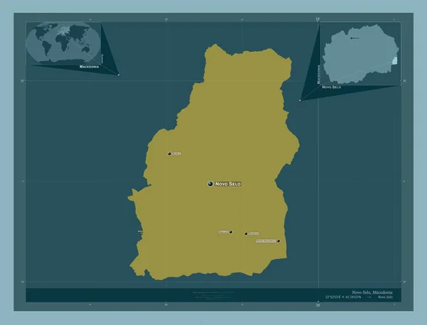 ノヴォ マケドニアの自治体 しっかりした色の形 地域の主要都市の位置と名前 コーナー補助位置図 — ストック写真