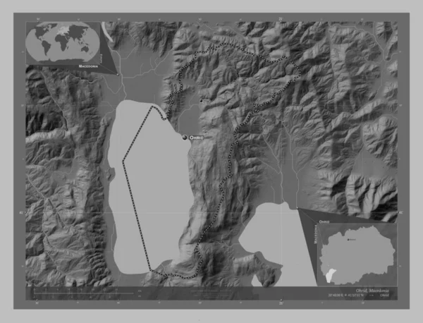 Ohrid Makedoniens Kommun Grayscale Höjdkarta Med Sjöar Och Floder Platser — Stockfoto
