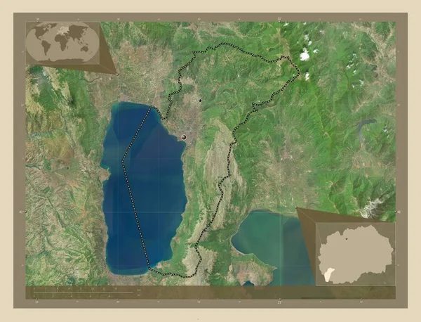 马其顿市奥赫里德 高分辨率卫星地图 该区域主要城市的所在地点 角辅助位置图 — 图库照片