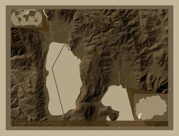 오흐리드 마케도니아의 자치체 세피아 색으로 지도는 호수와 강으로 울려퍼진다 Corner — 스톡 사진