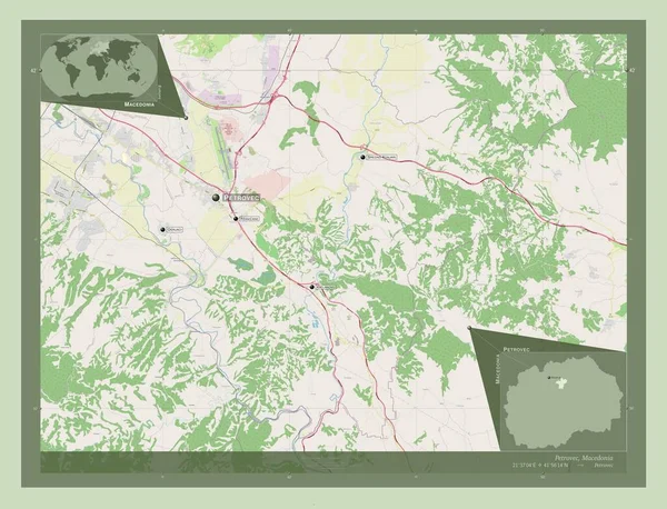 ペトロヴェツ マケドニアの自治体 ストリートマップを開く 地域の主要都市の位置と名前 コーナー補助位置図 — ストック写真
