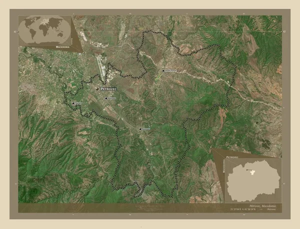 Petrovec Municipality Macedonia 高分辨率卫星地图 该区域主要城市的地点和名称 角辅助位置图 — 图库照片