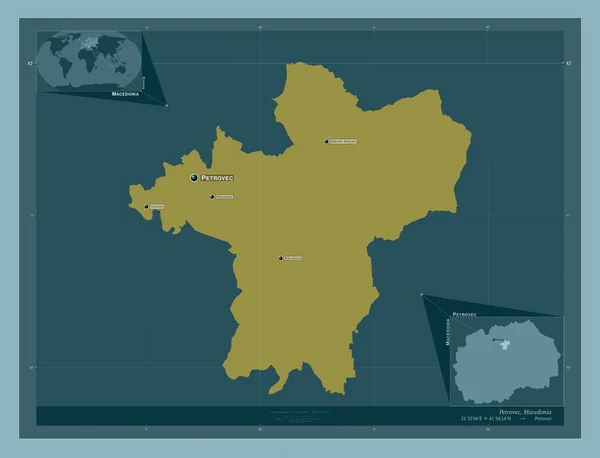 ペトロヴェツ マケドニアの自治体 しっかりした色の形 地域の主要都市の位置と名前 コーナー補助位置図 — ストック写真