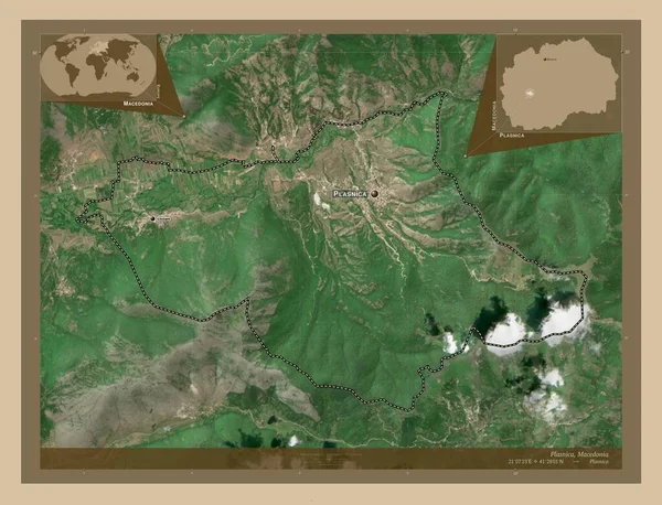 プラスニカ マケドニアの自治体 低解像度衛星地図 地域の主要都市の位置と名前 コーナー補助位置図 — ストック写真