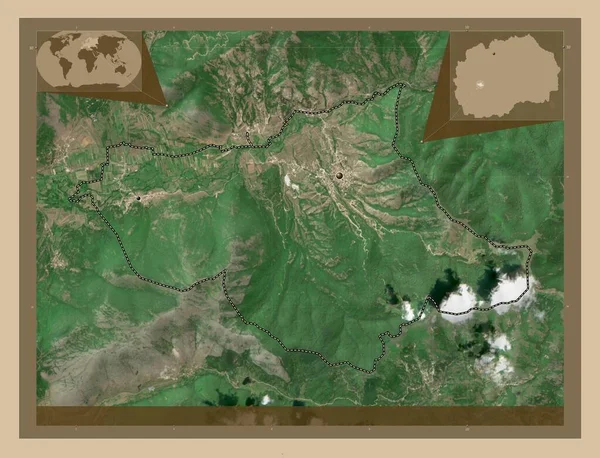 プラスニカ マケドニアの自治体 低解像度衛星地図 地域の主要都市の場所 コーナー補助位置図 — ストック写真