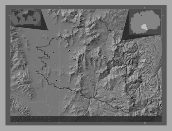 プリレプ マケドニアの自治体 湖や川と二階の標高マップ 地域の主要都市の場所 コーナー補助位置図 — ストック写真