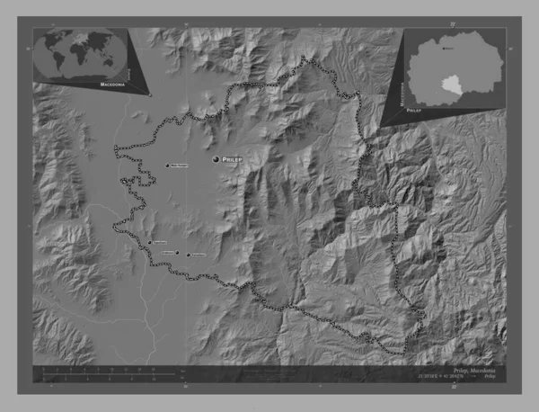 プリレプ マケドニアの自治体 湖や川と二階の標高マップ 地域の主要都市の位置と名前 コーナー補助位置図 — ストック写真