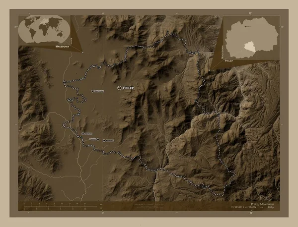 Прилеп Муниципалитет Македонии Карта Высоты Окрашенная Сепиевые Тона Озерами Реками — стоковое фото