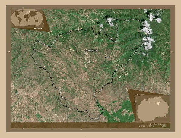 Probistip Municipality Macedonia 低分辨率卫星地图 该区域主要城市的地点和名称 角辅助位置图 — 图库照片
