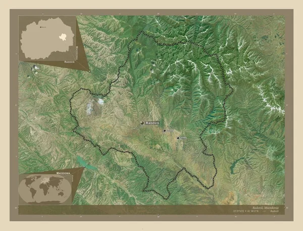 ラドビス マケドニアの自治体 高解像度衛星地図 地域の主要都市の位置と名前 コーナー補助位置図 — ストック写真