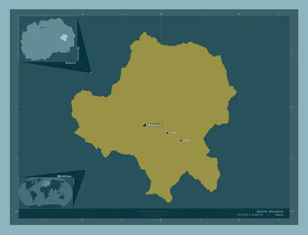 ラドビス マケドニアの自治体 しっかりした色の形 地域の主要都市の位置と名前 コーナー補助位置図 — ストック写真