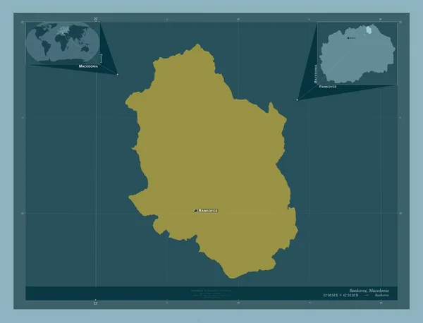 ランコヴェ マケドニアの自治体 しっかりした色の形 地域の主要都市の位置と名前 コーナー補助位置図 — ストック写真