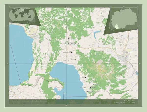 Resen Municipality Macedonia 开放街道地图 该区域主要城市的地点和名称 角辅助位置图 — 图库照片