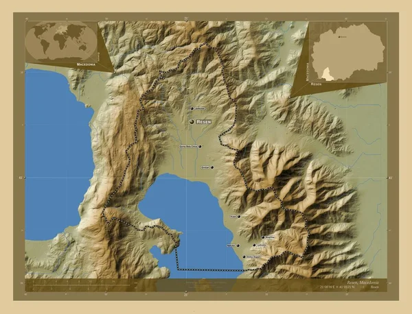 マケドニア共和国の自治体 湖や川と色の標高マップ 地域の主要都市の位置と名前 コーナー補助位置図 — ストック写真