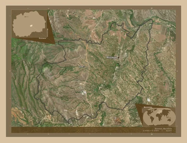 Rosoman Municipality Macedonia 低分辨率卫星地图 该区域主要城市的地点和名称 角辅助位置图 — 图库照片