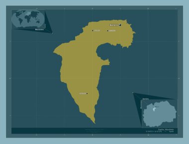 Sopiste, Makedonya belediyesi. Katı renk şekli. Bölgenin büyük şehirlerinin yerleri ve isimleri. Köşedeki yedek konum haritaları