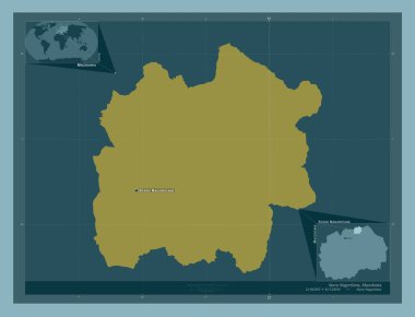 Staro Nagoricane, Makedonya belediyesi. Katı renk şekli. Bölgenin büyük şehirlerinin yerleri ve isimleri. Köşedeki yedek konum haritaları