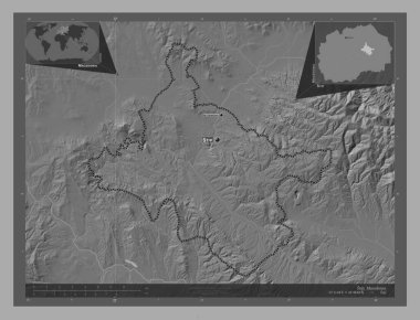 Stip, Makedonya Belediyesi. Göllü ve nehirli çift katlı yükseklik haritası. Bölgenin büyük şehirlerinin yerleri ve isimleri. Köşedeki yedek konum haritaları