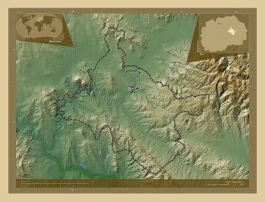 Stip, Makedonya Belediyesi. Gölleri ve nehirleri olan renkli yükseklik haritası. Bölgenin büyük şehirlerinin yerleri ve isimleri. Köşedeki yedek konum haritaları